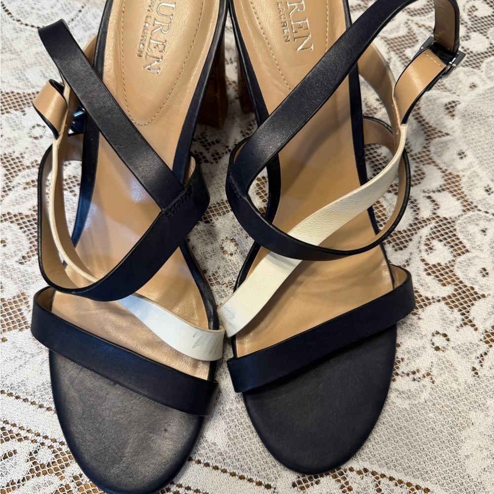 Ralph Lauren Navy and Cream Sandals with Ankle Straps